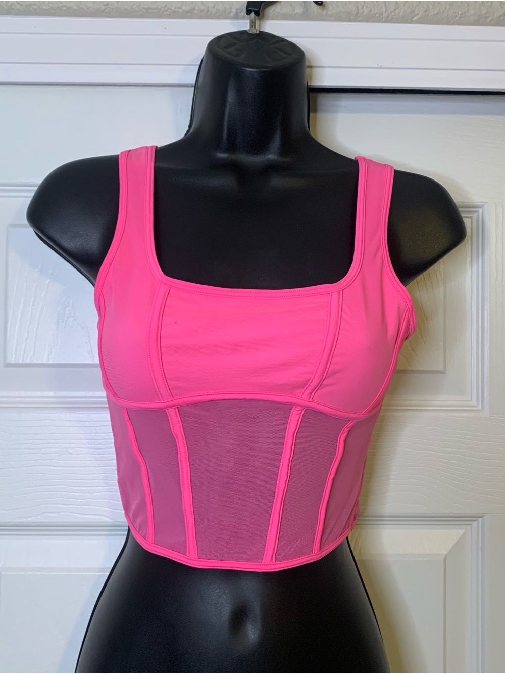 Hot Pink Mesh Panel Cropped Tank Top